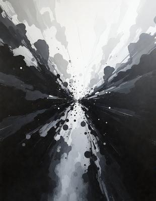 The primary subject of the image is a black and white painting of a white light. The setting is a black background, and the visual style is a painting. The dominant colors are black and white, and the overall atmosphere is one of contrast and simplicity.